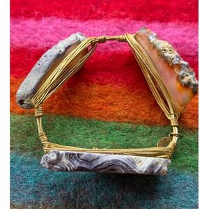 Bourbon and Boweties Gold Wire Wrapped Natural Agate Geode Slice Bangle Bracelet